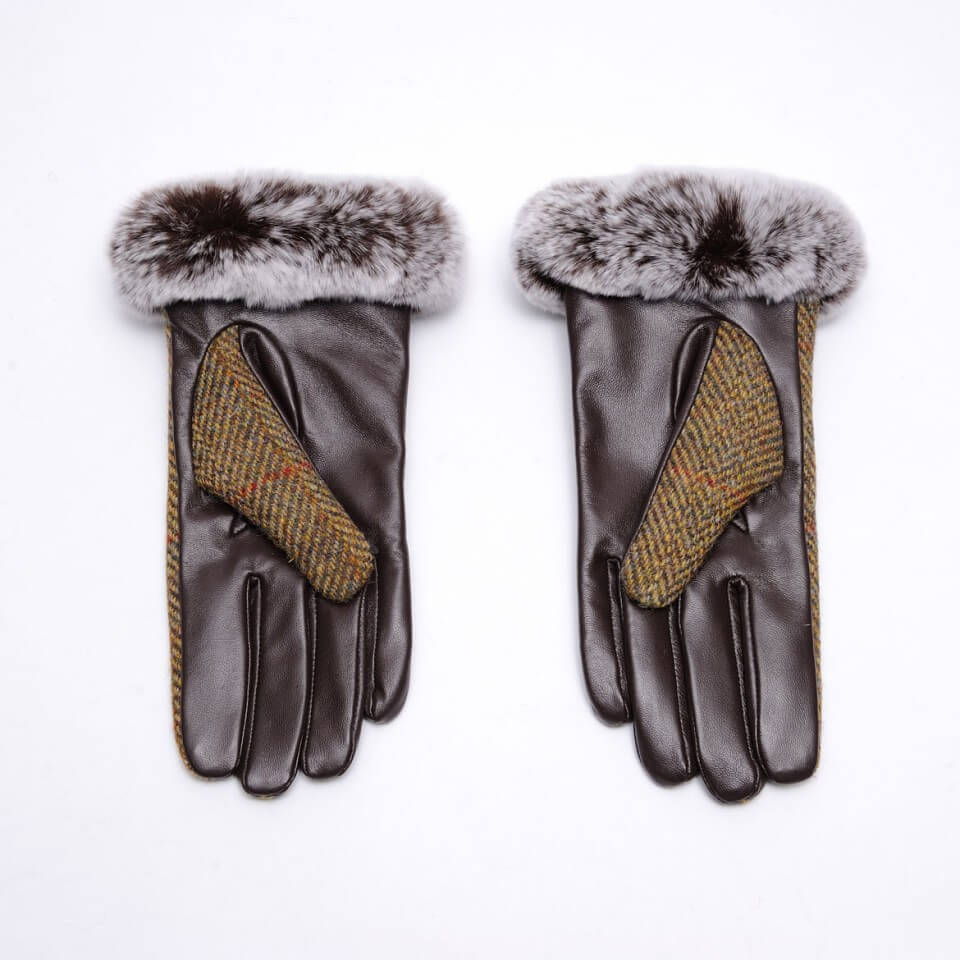 Ladies Harris Tweed Brown Fur Gloves