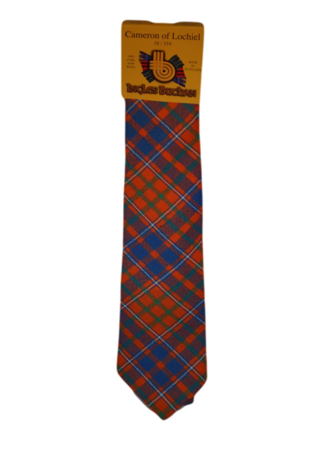 Men's Wool Tartan Tie - Cameron Lochiel Ancient - Orange, Green, Blue
