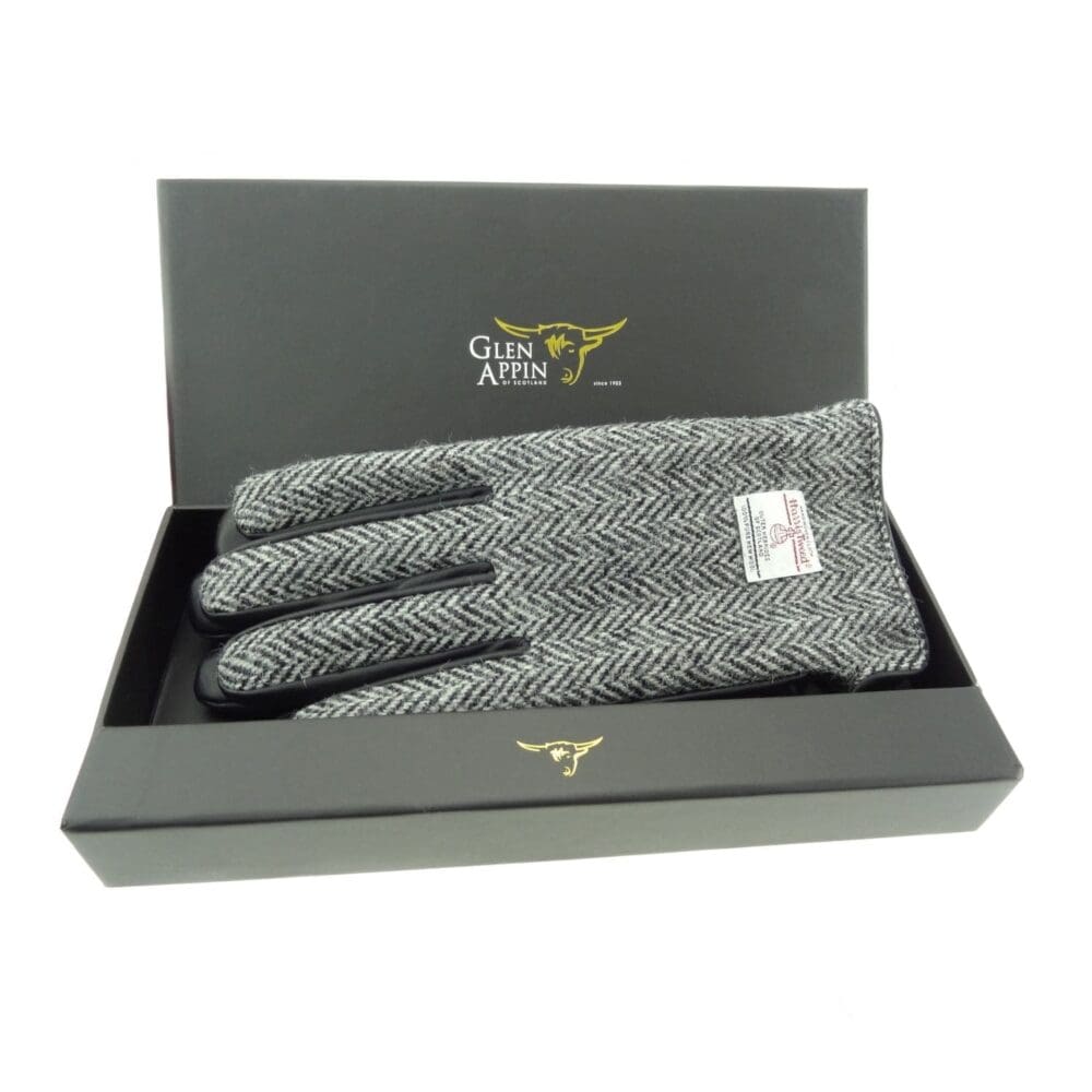 Gents Leather Herringbone Harris Tweed Gloves