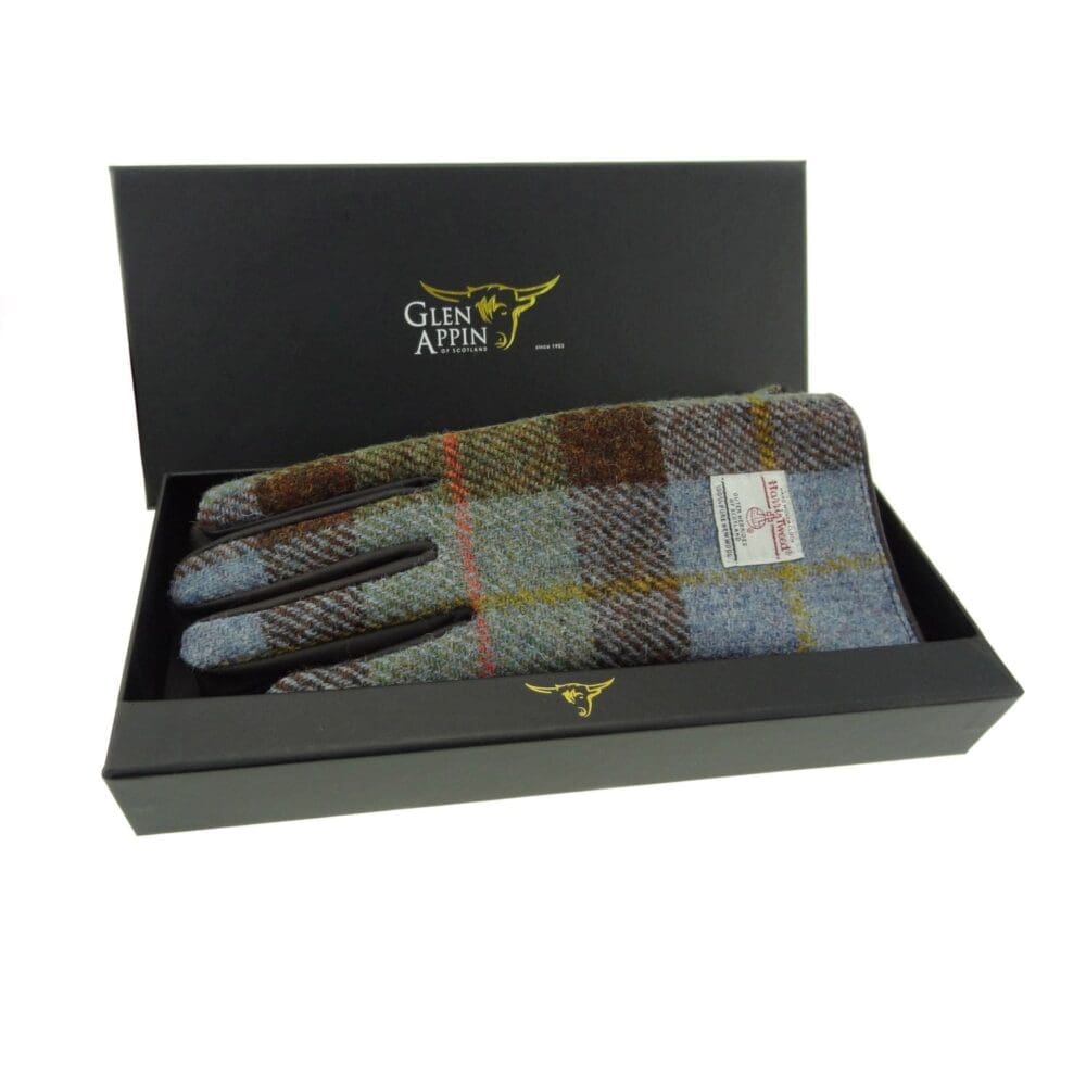 Ladies Leather Check Harris Tweed Gloves - Image 2